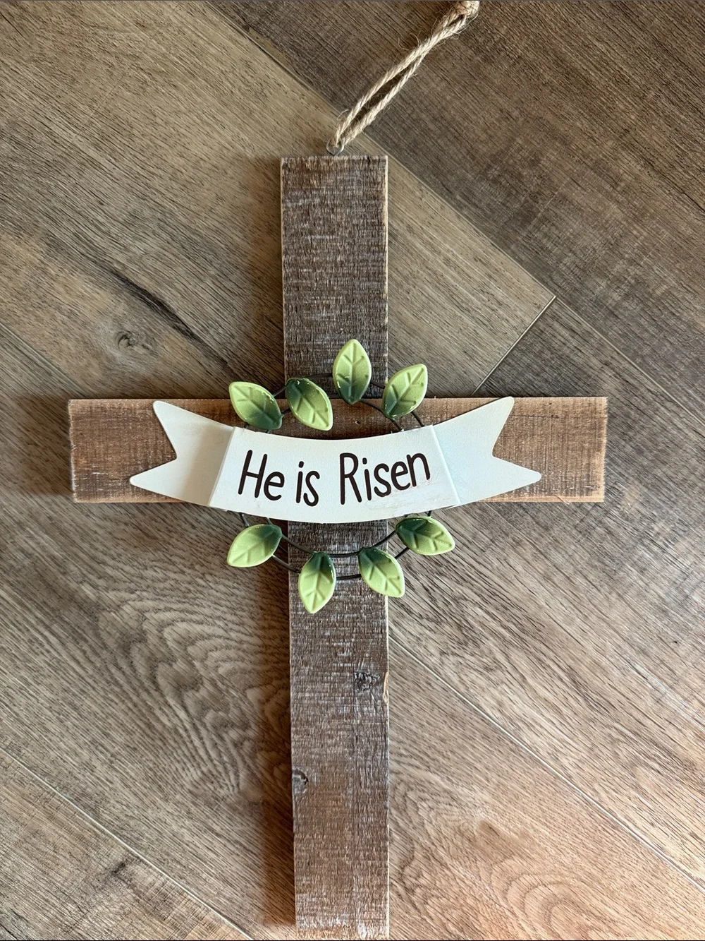 He Is Risen Wooden Cross Wall Decor with Green Leaves